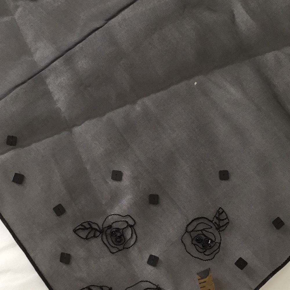 Sheer black silk scarf with embroidery on both ends